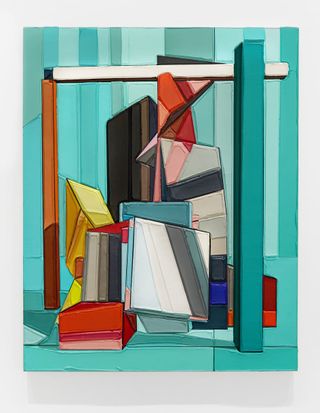 Architectural art painting by Tommy Fitzpatrick, angular shapes in multicolours on a shades of turquoise striped background