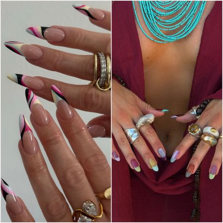 Colorful swirl nail art inspired by a Pucci print next to pillbox inspired nails with a ton of graphic rings