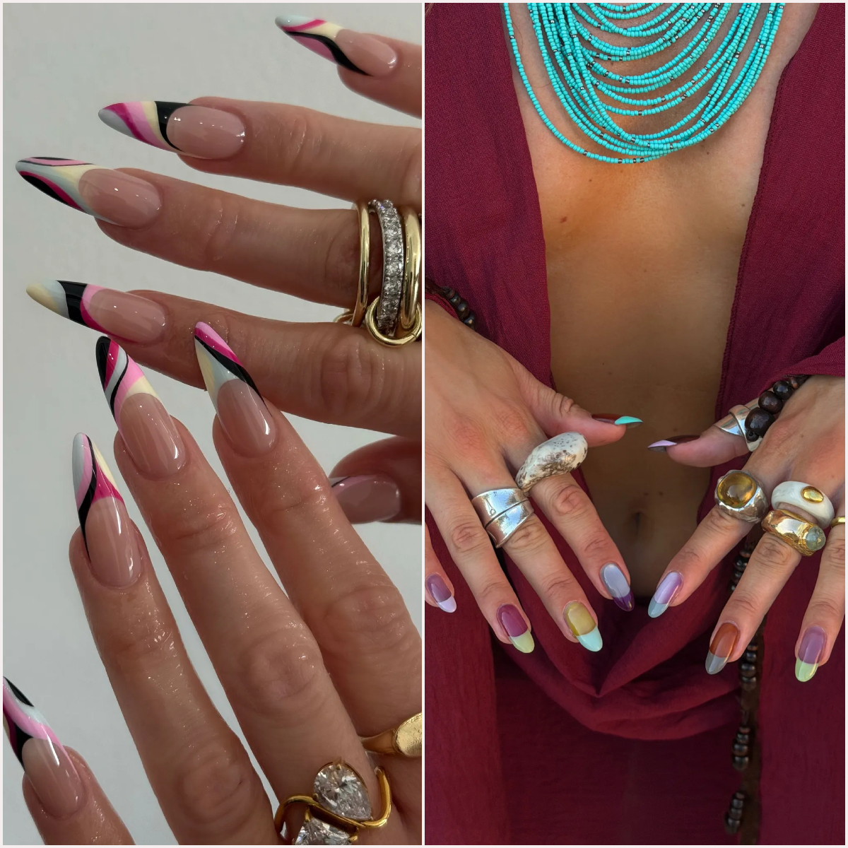 Colorful swirl nail art inspired by a Pucci print next to pillbox inspired nails with a ton of graphic rings