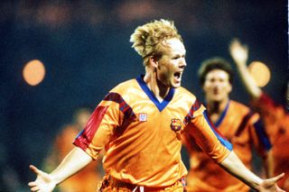 Ronald Koeman celebrates after scoring for Barcelona against Sampdoria in the 1992 European Cup final.