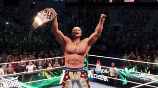 Trailer screenshot of Cody Rhodes winning the WWE Championship at Wrestlemania 40 in WWE 2K25.