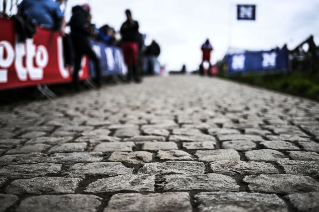 This photograph shows the cobbles of the Paterberg during the men's race of the 'Ronde van Vlaanderen' (Tour des Flandres) one day cycling race, 270,8 km from Antwerp to Oudenaarde, on March 31, 2024. (Photo by Tom Goyvaerts / Belga / AFP) / Belgium OUT