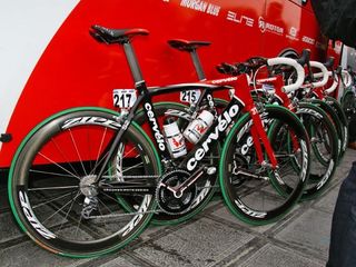 The side of the team bus was awash with Cervélo S2 bikes prior to the start in Brugge.