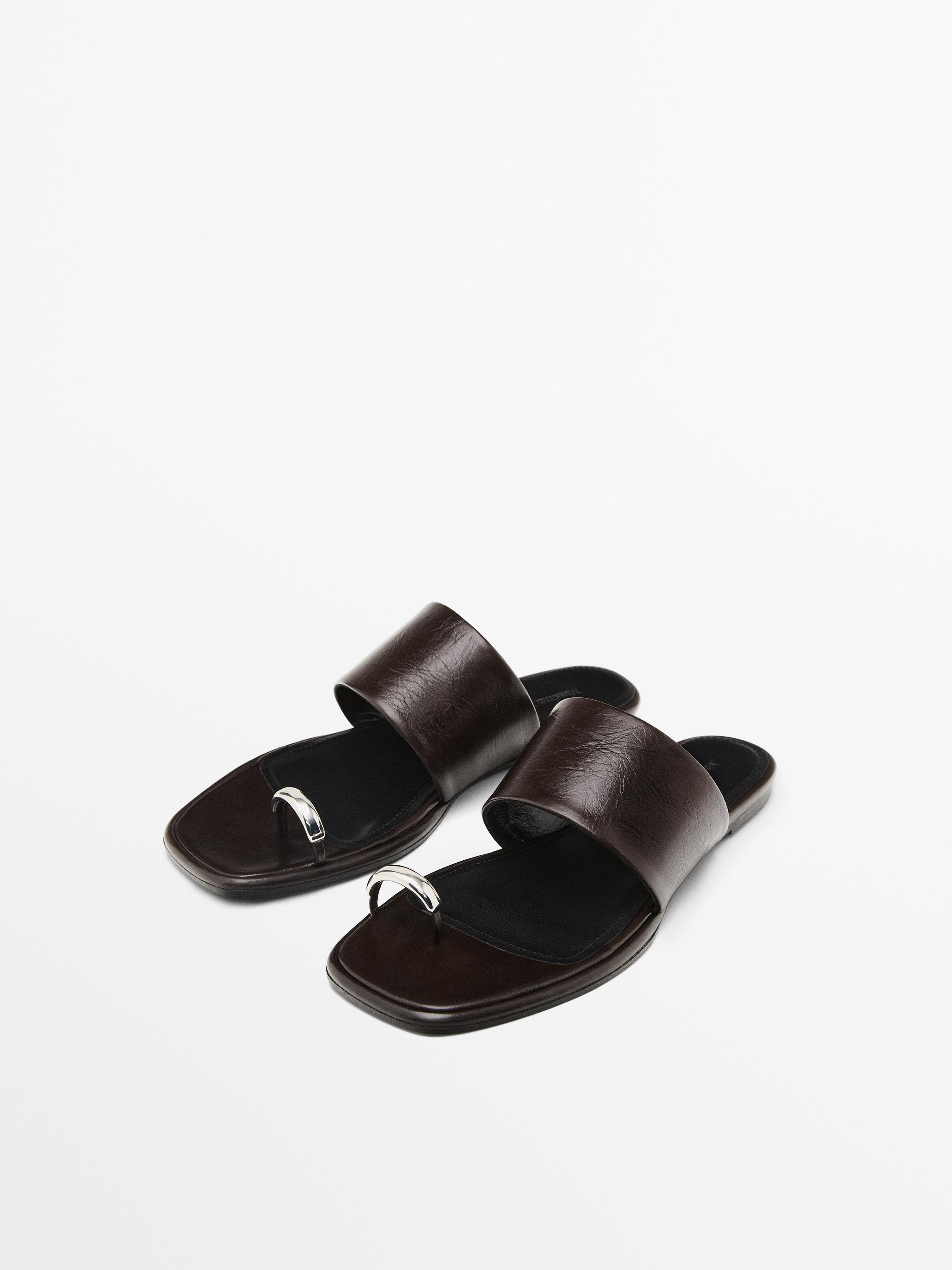 Massimo Dutti, Leather Flat Slider Sandals With Ring Detail