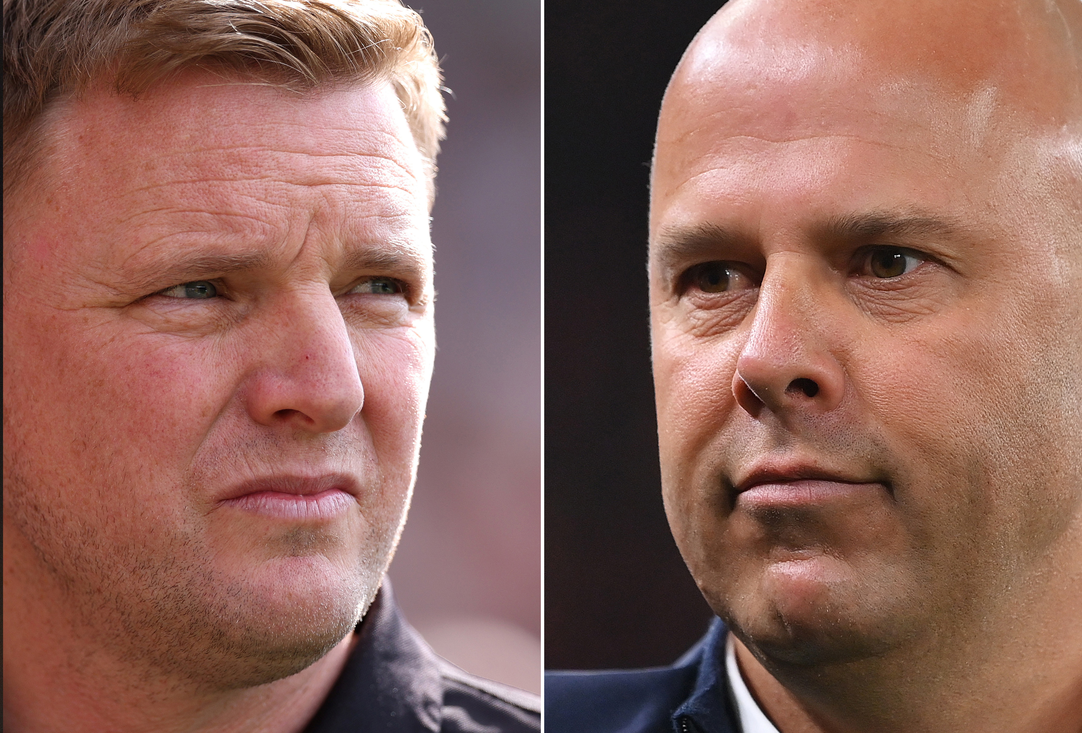 Eddie Howe (L) and Arne Slot (R) side-by-side 