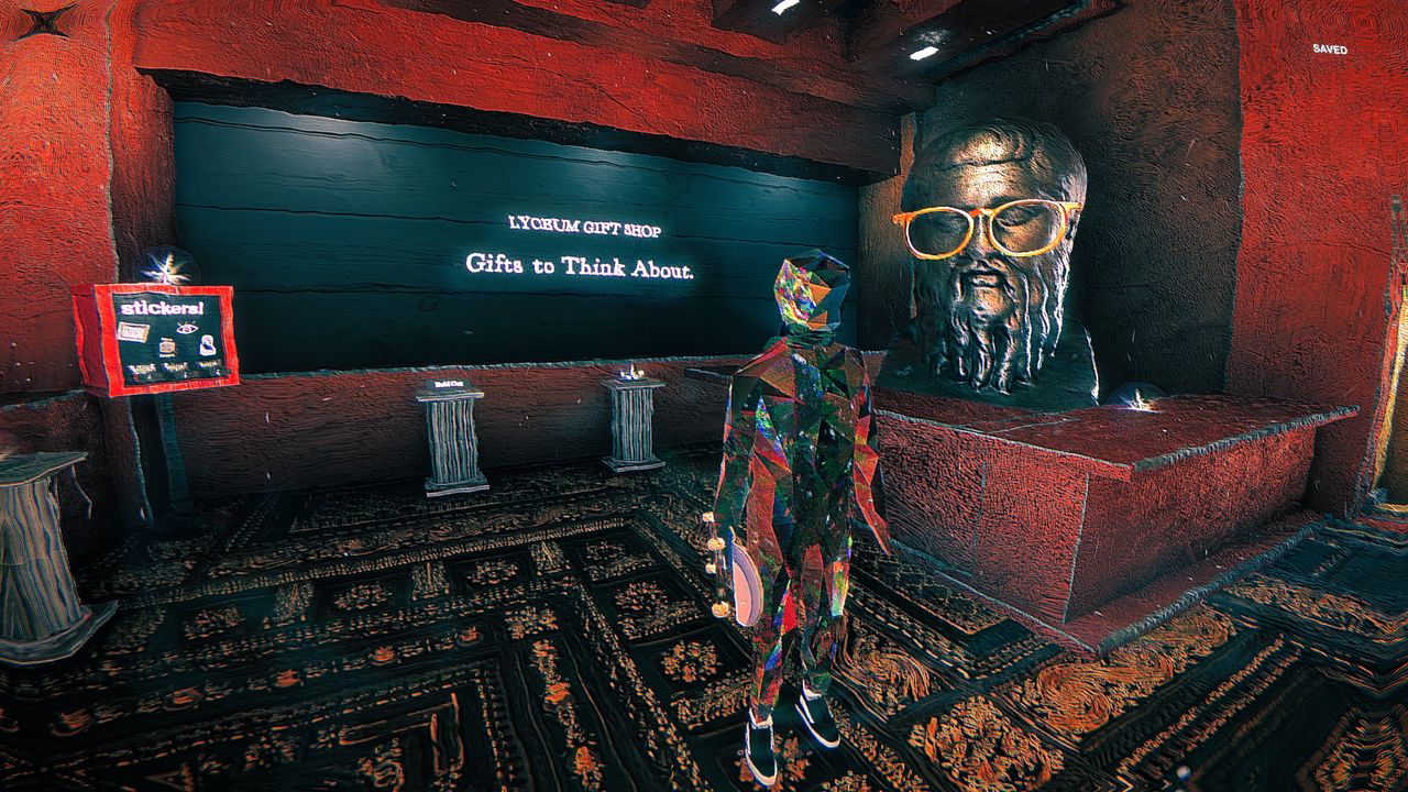 Standing in gift shop in Skate Story near bust with glasses