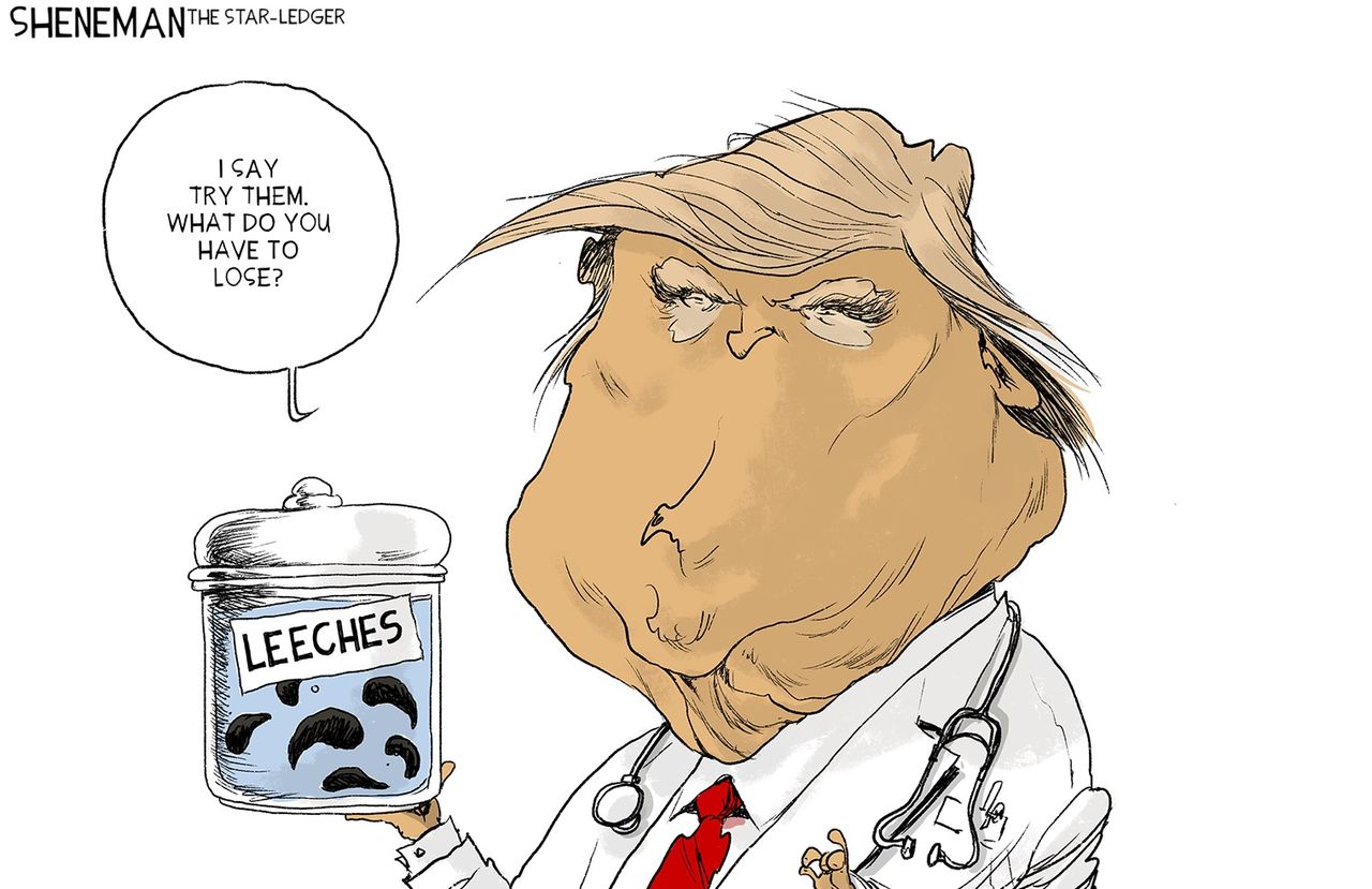 Political Cartoon U.S. Trump recommends any remedy drug leeches counteract coronavirus