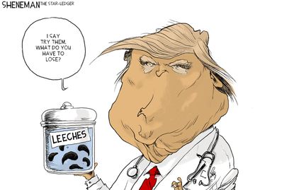Political Cartoon U.S. Trump recommends any remedy drug leeches counteract coronavirus