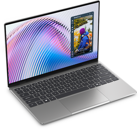 Dell XPS 13 promotional image showing screen and keyboard with colorful visuals.