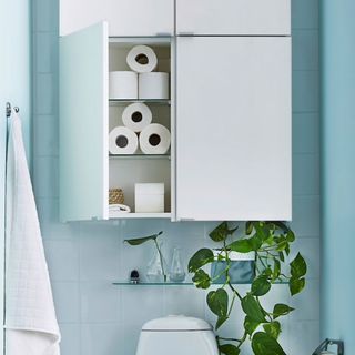 blue bathroom with white cupboard hung on wall