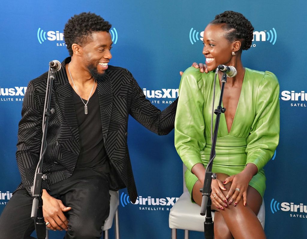 Chadwick Boseman and Lupita Nyong&amp;#039;o take part in SiriusXM&amp;#039;s Town Hall with the cast of Black Panther hosted by SiriusXM&amp;#039;s Sway Calloway on February 13, 2018 in New York City.