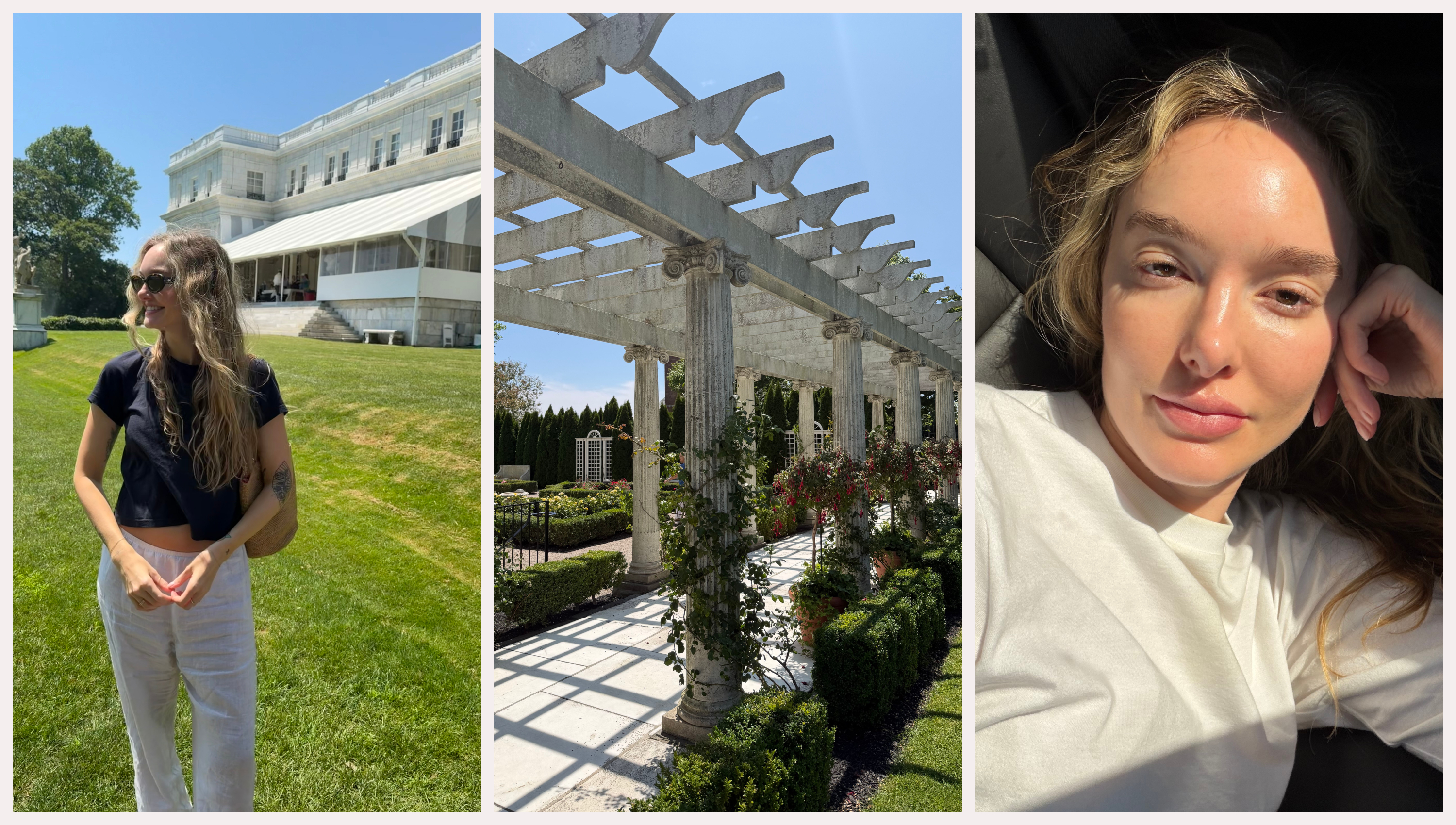 a woman with long blonde standing outside in front of a white house; a stone structural pergola; a woman with clear skin and a white t-shirt with sun shining