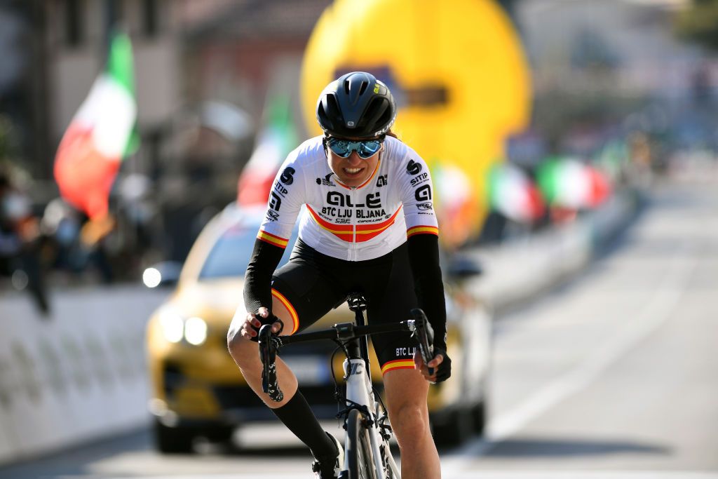 CITTIGLIO ITALY MARCH 21 Arrival Margarita Victoria Garcia Caellas of Spain and Team Ale Btc Ljubljana during the 45th Trofeo Alfredo BindaComune di Cittiglio 2021 Womens Elite a 1418km stage from Cocquio Trevisago to Cittiglio 257m TrBinda UCIWWT on March 21 2021 in Cittiglio Italy Photo by Tim de WaeleGetty Images
