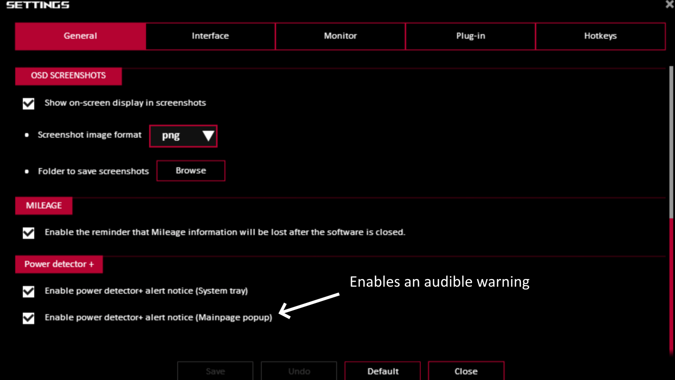 A screenshot of ASUS GPU Tweak III software, with an arrow indicating which option enables the audible over-current warning.