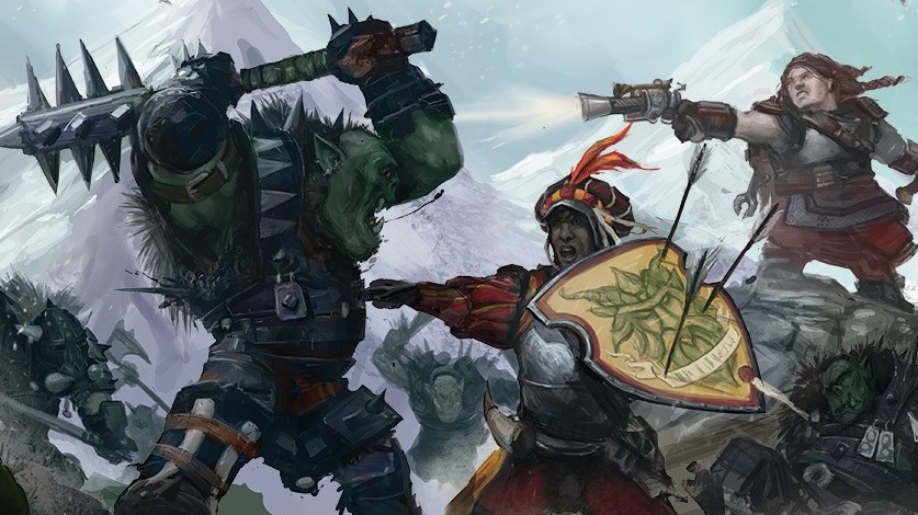 Adventurers fighting an orc in Warhammer: The Old World.