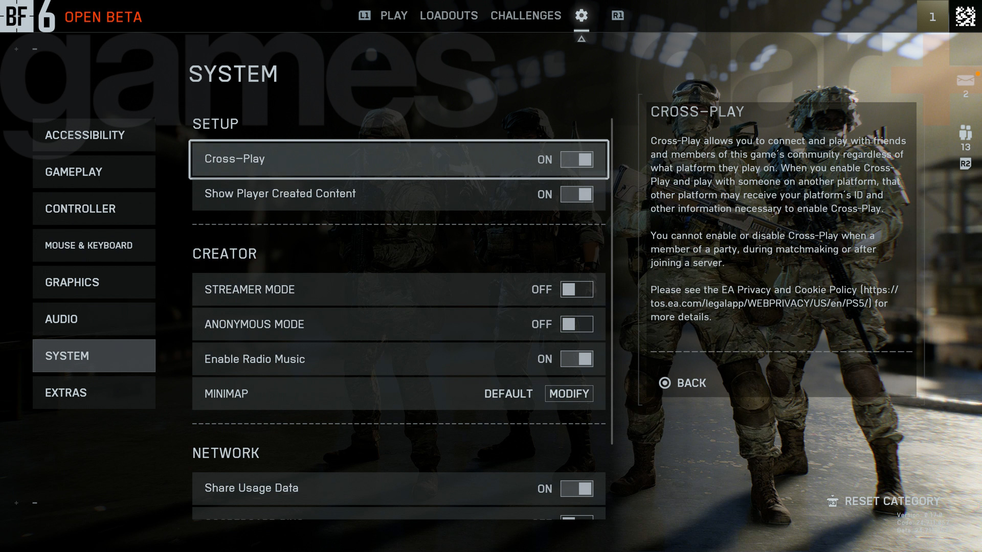 Battlefield 6 crossplay option in the System menu