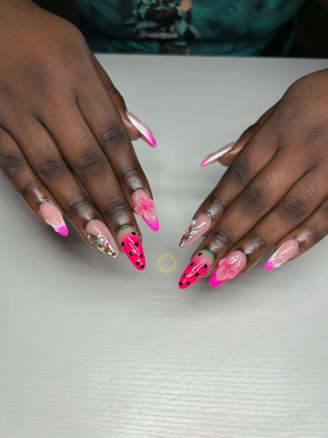 pink nails with watermelon details