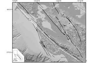 Shaded relief map of the southern San Francisco Bay region showing major active faults (black lines) and locations of trench sites on the San Andreas fault (SAF) (stars).