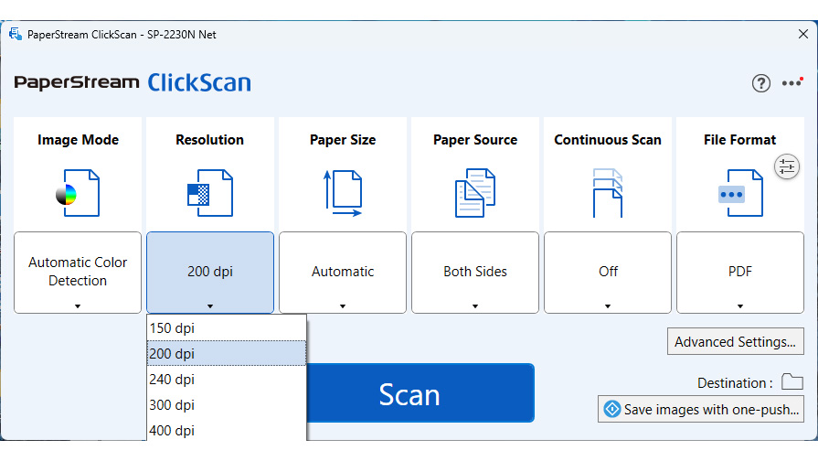 The scan interface for the Ricoh SP-2230N