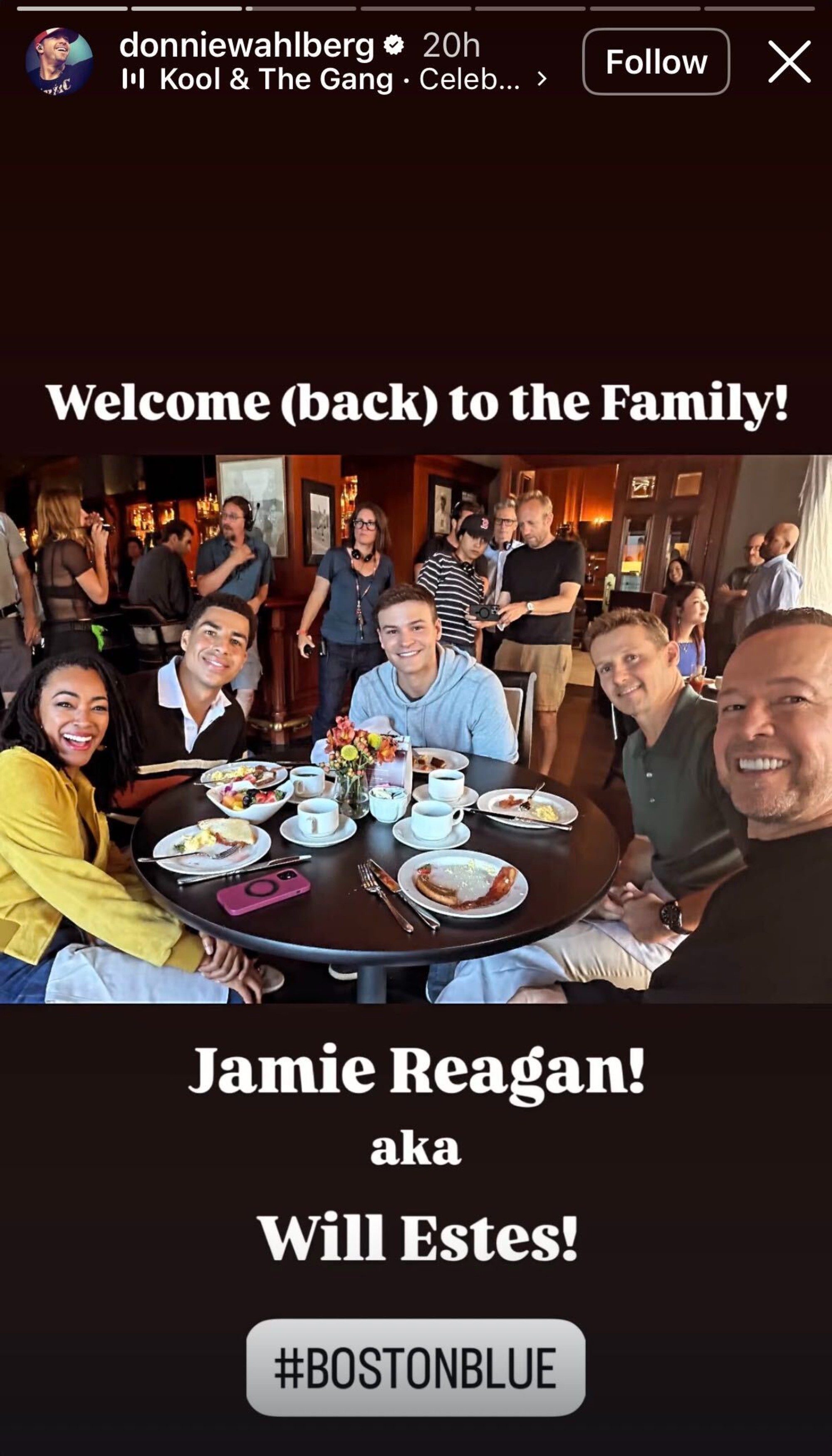 Sonequa Martin-Green, Marcus Scribner, Mika Amonsen, Will Estes, and Donnie Wahlberg sitting around a table while filming Boston Blue on Donnie Wahlberg's Instagram Story.