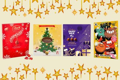 A collage of the best chocolate advent calendars to buy in 2022 - lindt, ferrero rocher, cadbury and happi oat calendars