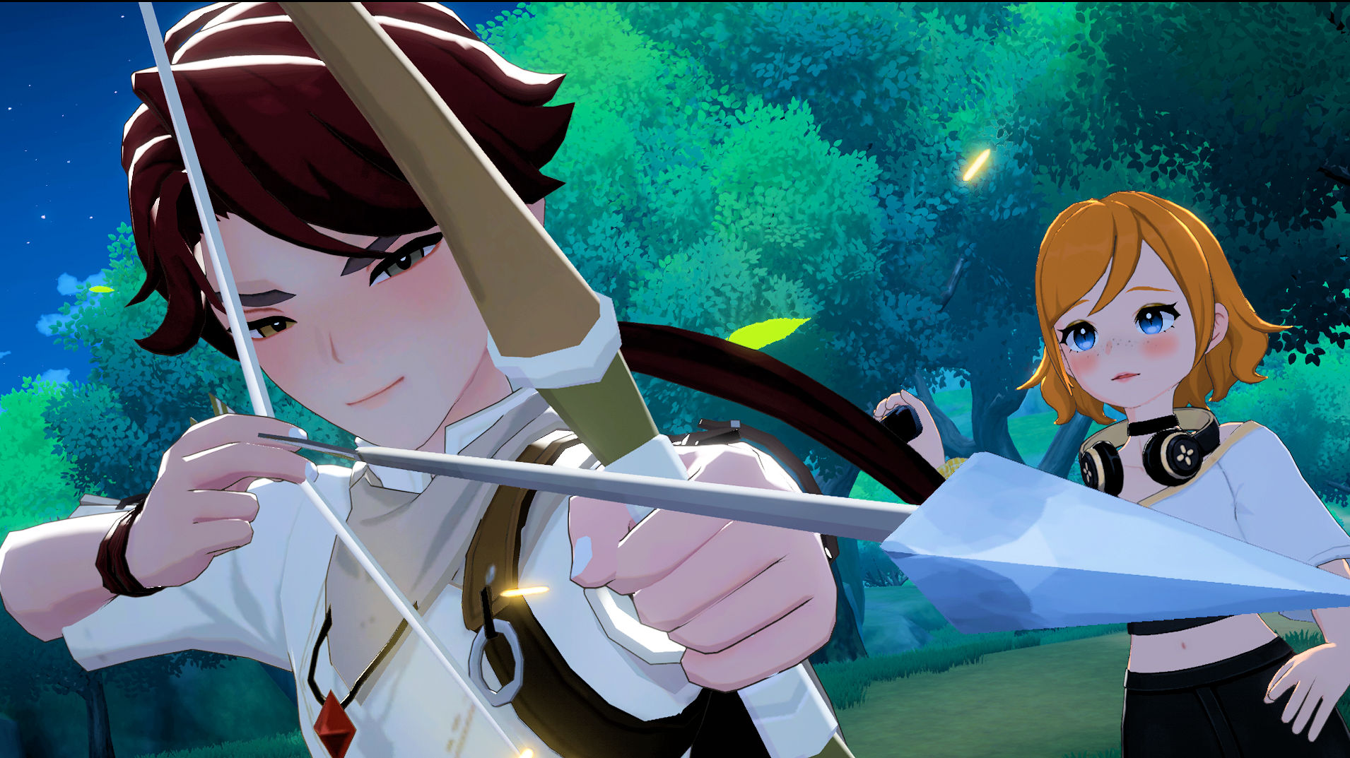 A screenshot of a cutscene from Starsand Island featuring the player character and an NPC pulling an arrow back with a bow.