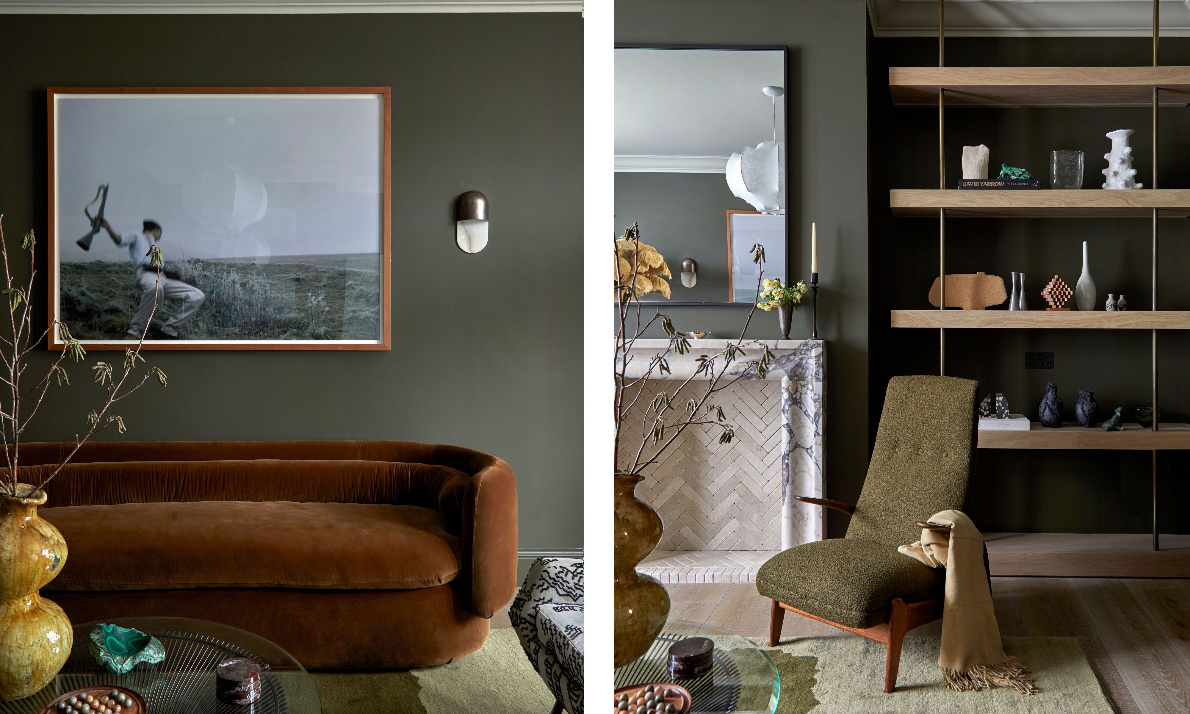 two shots of the same living room from different angles, showing dark grey walls, a rust colored sofa and a marble fireplace