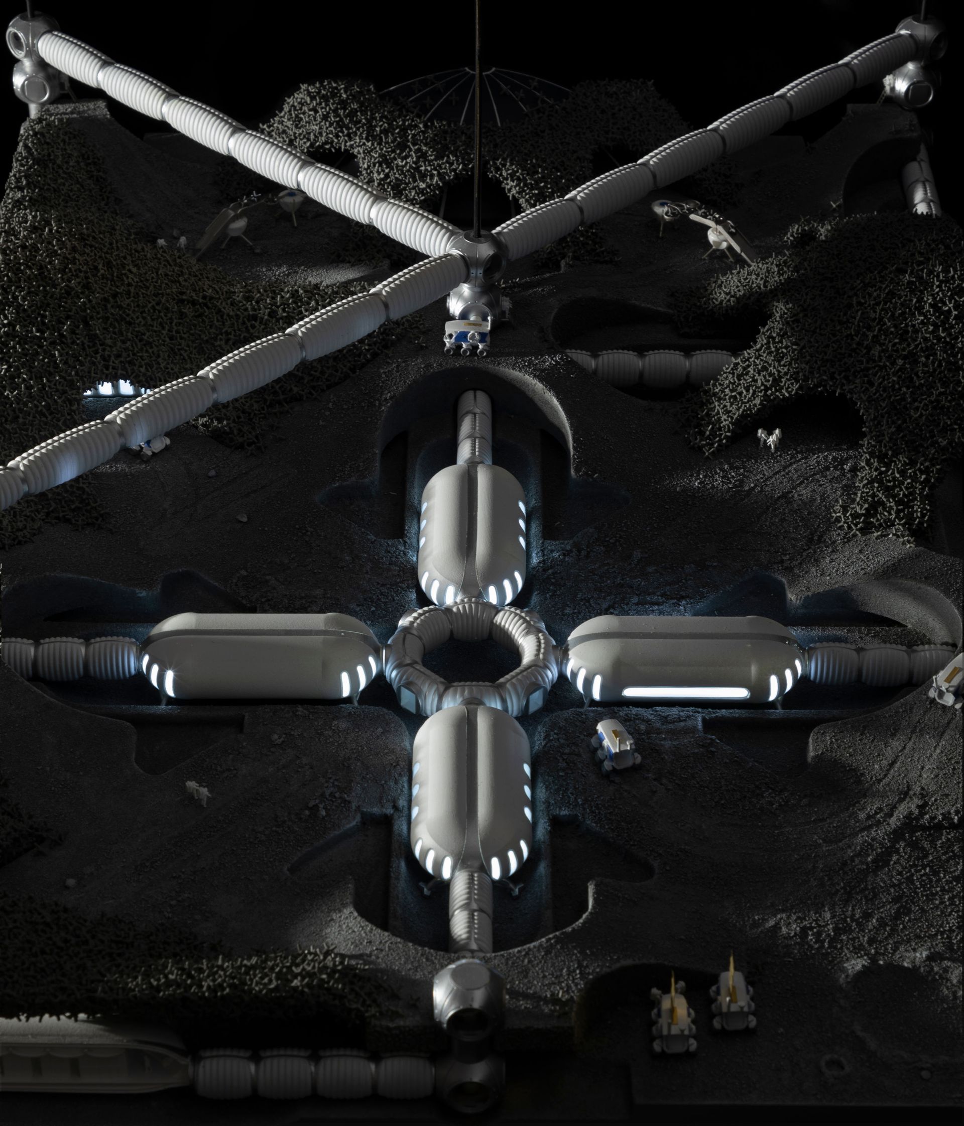 Imagined lunar habitat from above