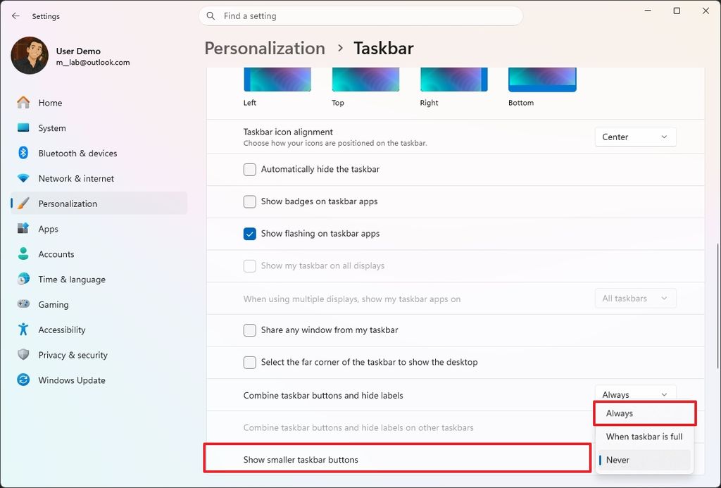 Settings window showing taskbar personalization options. "Show smaller taskbar buttons" and "Always" are highlighted in red, emphasizing selection.