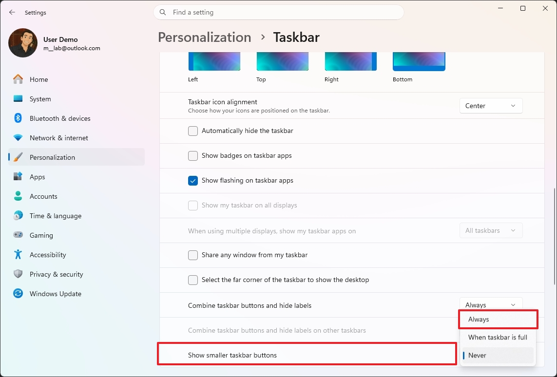 Settings window showing taskbar personalization options. "Show smaller taskbar buttons" and "Always" are highlighted in red, emphasizing selection.