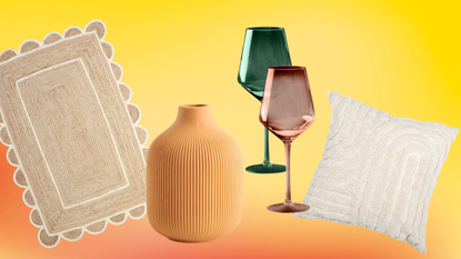 rug,vase, colored wine glasses and pillow
