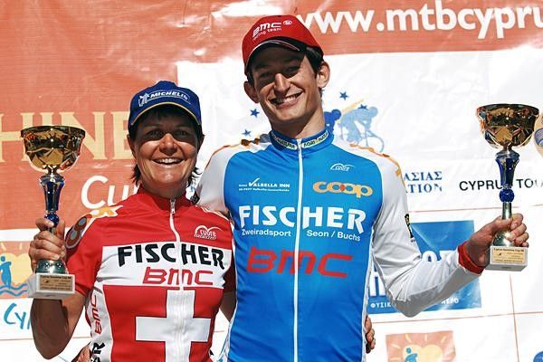 Team-mates Petra Henzi and Andreas Kugler (Fisher BMC) celebrate
