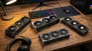 Nvidia / PNY / Gigabyte / Palit / Inno3d / Zotec graphics cards on a desk Edited by Gemini