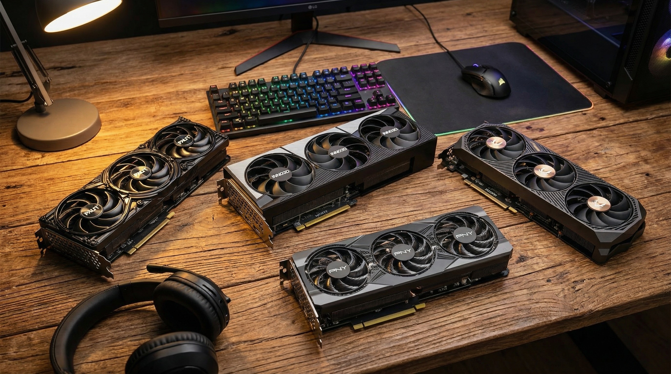 Nvidia / PNY / Gigabyte / Palit / Inno3d / Zotec graphics cards on a desk Edited by Gemini