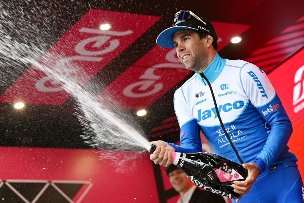 MELFI ITALY MAY 08 Michael Matthews of Australia and Team Jayco AlUla celebrates at podium as stage winner during the 106th Giro dItalia 2023 Stage 3 a 213km stage from Vasto to Melfi 532m UCIWT on May 08 2023 in Melfi Italy Photo by Stuart Franklin Getty Images