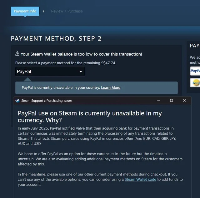 Steam updated PayPal currency disclaimer