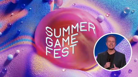 The Summer Game Fest swirly pink logo with a photo of Geoff Keighley in the bottom right