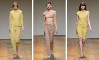 Female models on the runway wearing yellow & nude sheer clothing