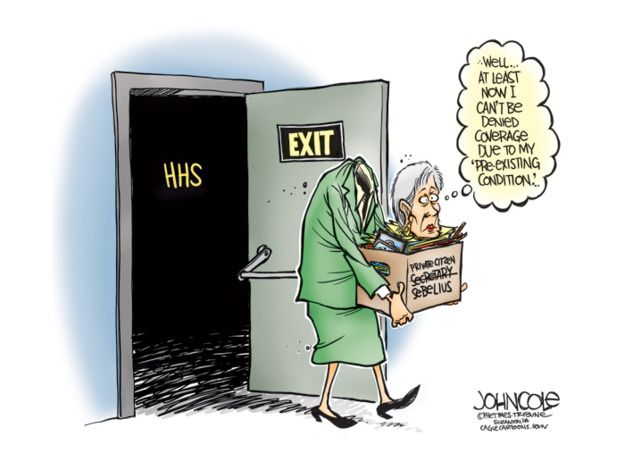 Political cartoon Kathleen Sebelius resigns