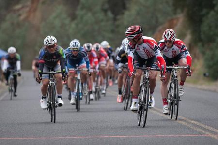 Patrick Bevin (Bissell) has enough distance in his winning sprint in the to check on Logan Loader (Exergy) who claimed third.