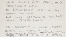 Handwritten lyric to 'Love Will Tear Us Apart by Joy Division, Ian Curtis, c 1979. Image courtesy The University of Manchester