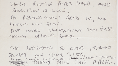 Handwritten lyric to 'Love Will Tear Us Apart by Joy Division, Ian Curtis, c 1979. Image courtesy The University of Manchester