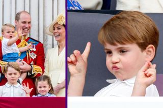 Prince Louis at Trooping the Color in Prince William's arms split screen with Prince Louis pulling faces at Platinum Jubilee