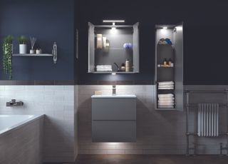 Bathroom with basin and vanity and cabinet above and to the side