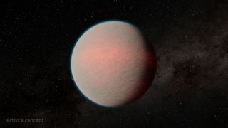 An artist's impression of the mini-Neptune planet, colored peach and cloaked in a hazy atmosphere against the dark background of space.
