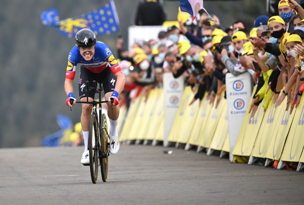 Team Deceuninck rider French Remi Cavagna arrives at the finish line at the end of the 20th stage of the 107th edition of the Tour de France cycling race a time trial of 36 km between Lure and La Planche des Belles Filles on September 19 2020 Photo by Marco BERTORELLO POOL AFP Photo by MARCO BERTORELLOPOOLAFP via Getty Images