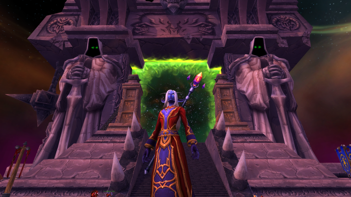 A nightborne mage stands in front of the Dark Portal