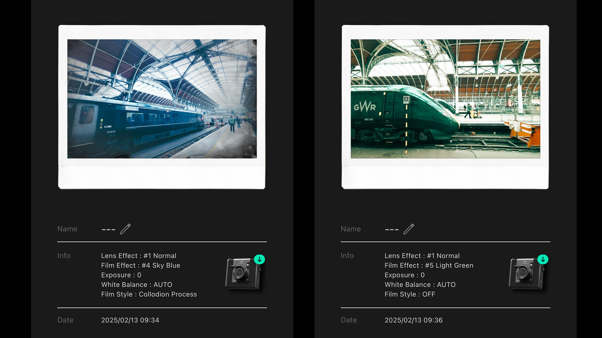 Two screenshots of the Instax Wide Evo app 