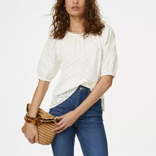 Pure Cotton Broderie Puff Sleeve Blouse M&S