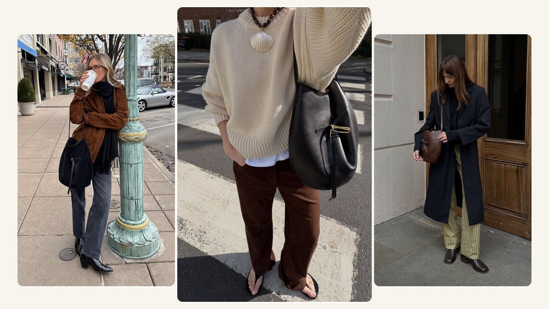 Three women carrie the Liffner Belted Bucket Bag
